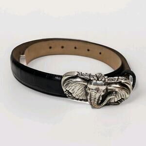 90s Brighton Elephant Belt Buckle Talbots Black Embossed Leather Belt Med Vtg